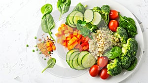 Salad with quinoa, spinach, broccoli, tomatoes, cucumbers, and carrots, served on plate with white background and copy space.