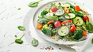 Salad with quinoa, spinach, broccoli, tomatoes, cucumbers, and carrots, served on plate with white background and copy space.