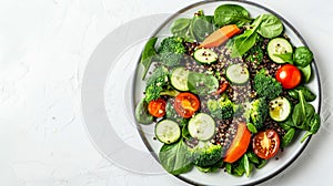 Salad with quinoa, spinach, broccoli, tomatoes, cucumbers, and carrots, served on plate with white background and copy space.