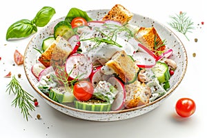 Salad with radishes, croutons, greenery, rusks salat with greens. Rustic salad, toasted bread, tomatoes,