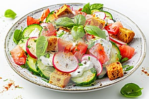 Salad with radishes, croutons, greenery, rusks salat with greens. Rustic salad, toasted bread, tomatoes,