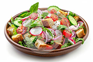 Salad with radishes, croutons, greenery, rusks salat with greens. Rustic salad, toasted bread, tomatoes,