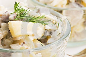 Salad rasols made of herring, cucumber and potato, dressed with mayonnaise and mustard