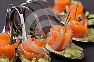 Salad of red fish, cold appetizer with salmon and cucumbers on curly spoons