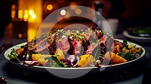 Salad with roast beef and caramelized beets with orange fillet, potatoes, parmesan, salad mix with citrus dressing and olive oil.