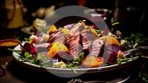 Salad with roast beef and caramelized beets with orange fillet, potatoes, parmesan, salad mix with citrus dressing and olive oil.