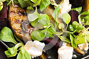 Salad of roasted beetroot, pear, lamb`s lettuce, cheese