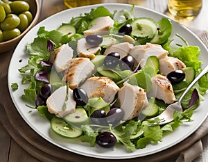 Salad with roasted chicken breast, mixed greens, olives, cucumber and wine vinegar and olive oil 1