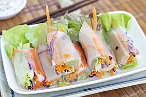 Salad rolls served on white rectangular plate