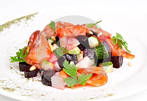 Salad with salmon, beet, potatoe, cucumber and