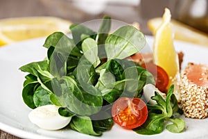 Salad with salmon grilled in sesame seeds, cherry tomatoes and quail egg on wooden table