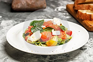Salad with salmon, sheep cheese, herbs and tomatoes. Mediterranean diet. Delicious and healthy food recipes. Close-up