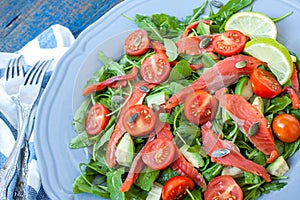 Salad with Salted salmon, herbs, tomatoes, avocado on a plate. Love for a healthy raw food concept