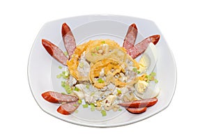 Salad with sausages eggs and mushrooms