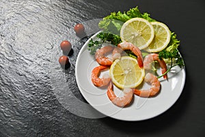 Salad seafood plate shrimps prawns ocean gourmet fresh vegetable decorate dinner table