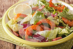 Salad of shrimp, chorizo sausage, lime, mix lettuce close-up. ho