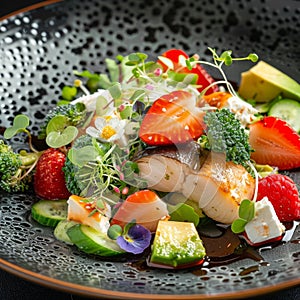 Salad with Smoked Eel Fish, Seafood Salat with Avocado, Feta Cheese, Strawberries, Unagi, Broccoli