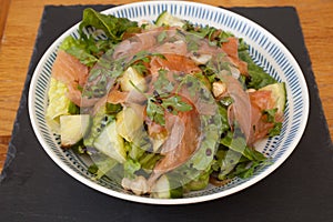 A salad with smoked salmon and mixed greens with a salad dressing and mixed herbs