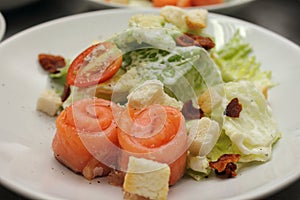 Salad smoked salmon with vegetables delicious