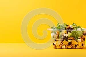 Salad tasty fast food street food for take away on yellow background