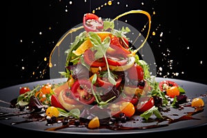 Salad with tomatoes, arugula and orange on black background, Unveil the culinary artistry with macro food photography, capturing