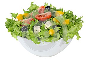 Salad with tomatoes, paprika and olives in bowl isolated photo