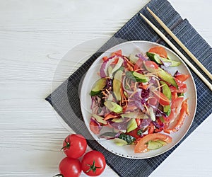 Salad, vegetarian chinese food tomato fresh green nutrition health on a wooden background table