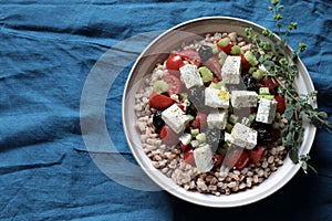 Salad of whole grain cereal spelt with feta cheese, cherry tomatoes and oregano.