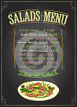 Salads menu chalkboard concept, hand drawn illustration with salad plate photo