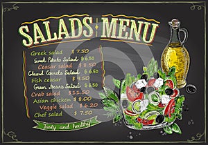 Salads menu chalkboard design, hand drawn illustration with greek salad photo