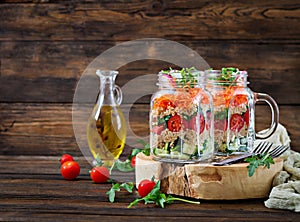 Salads with quinoa, arugula, radish, tomatoes and cucumber