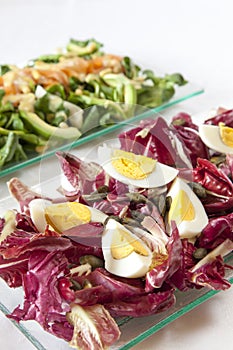 Salads, salmon, organic vegetables, Hard-boiled eggs