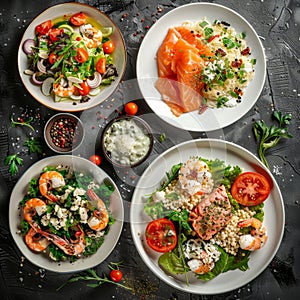 Salads Set, Various Meat and Vegetable Salats with Salmon, Shrimps, Tomatoes, Spices Top View