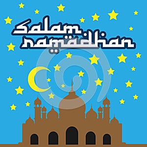 Salam Ramadhan Vector Wish Card With Mosque At Night