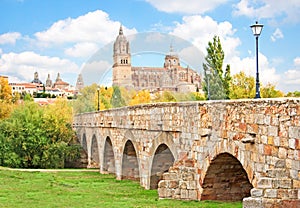 Salamanca skyline with New Cathedral and Roman bridge, Castilla y Leon region, Spain photo