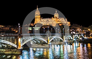 Salamanca skyline at night, Castilla y Leon region, Spain