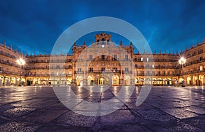 Salamanca, Spain. View of Plaza Mayor at dusk