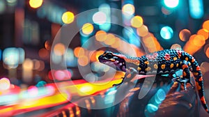A salamander traverses the city under the Southern Lights a living metaphor for the resilience in cybersecurity and programming