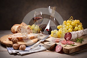 Salami, bread, grapes and red wine in rustic setting