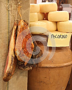 salami and PECORINO cheeses in the shop of Italian products
