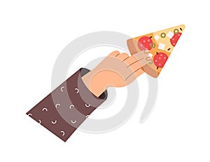 Salami pizza piece in hand. Arm holding, taking cut triangle slice of Italian fast food, snack with cheese, pepperoni