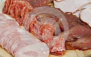 Salami sausage and ham slices