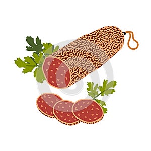 Salami sausage. Meat delicatessen on white background. Slices of Italian cured salami sausage. Simple flat style vector