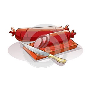 salami sausages and knife. Vector illustration decorative design