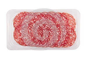 Salami sausages packaging isolated on white