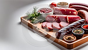 salami sausages, spices and meat products in a wooden tray, Free space for text,