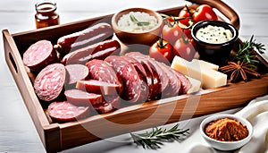 salami sausages, spices and meat products in a wooden tray, Free space for text,