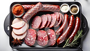 salami sausages, spices and meat products in a wooden tray, Free space for text,