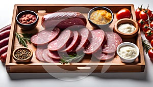 salami sausages, spices and meat products in a wooden tray, Free space for text,