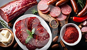 salami sausages, spices and meat products in a wooden tray, Free space for text,